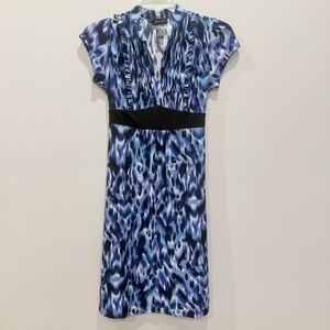 Joei & I Blue Teal Print Midi Dress Ruffle Collar Tie Back Sz M AP